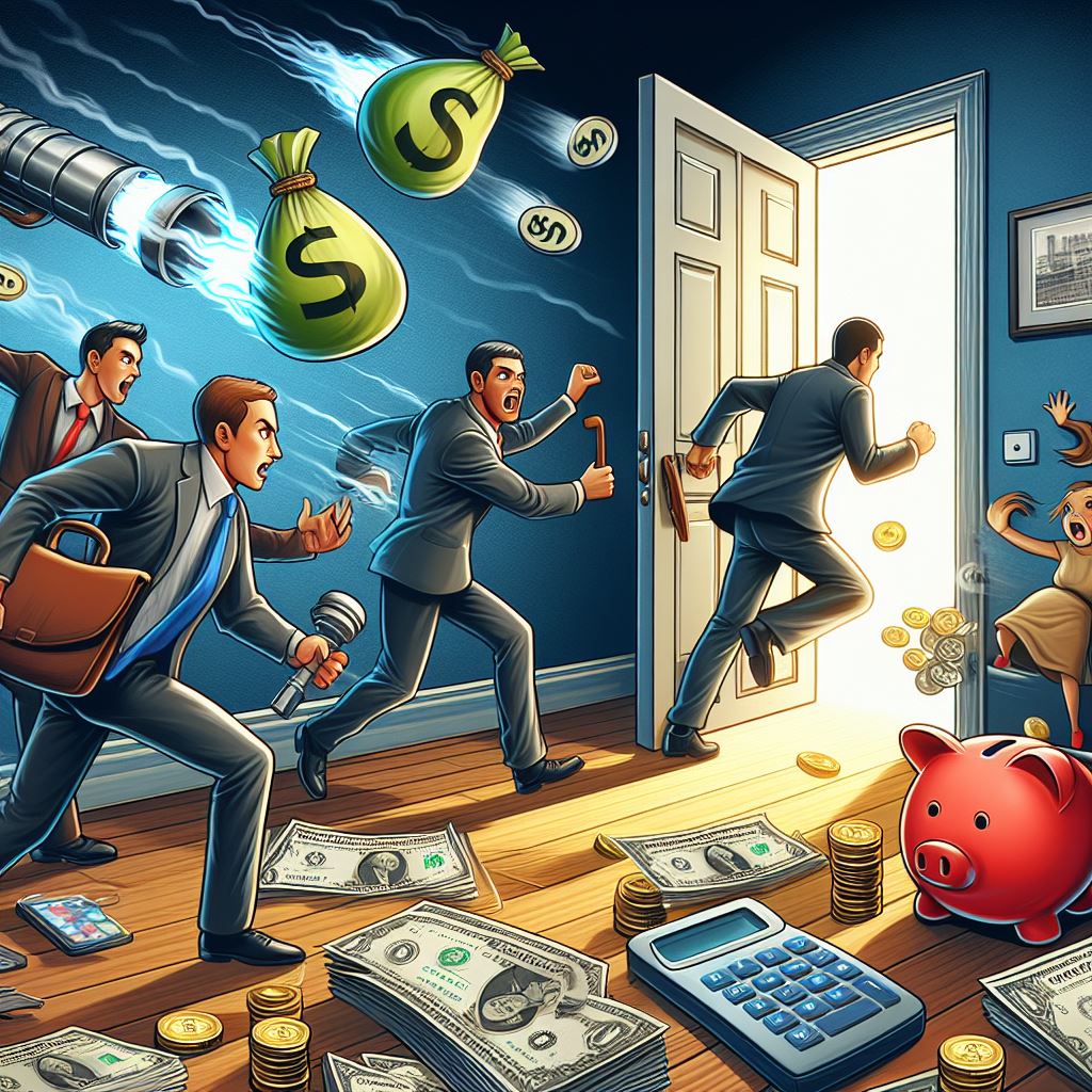 An image showing one person leaving the room (Mint) and others chasing (Monarch, Simplifi, Copilot) seemingly trying to be that person with piggy bank, bills of money, calculate, coins all over the room